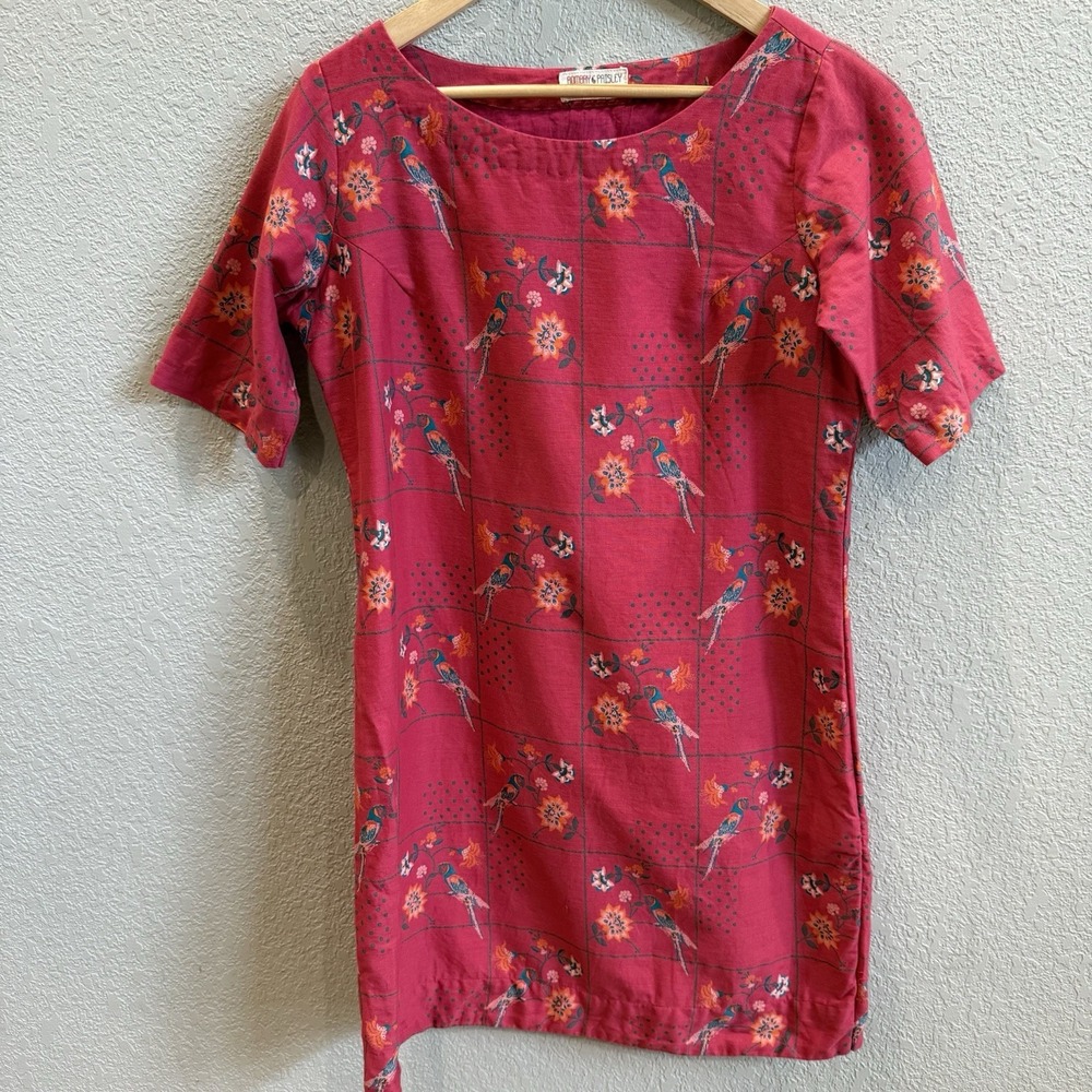 Cotton Linen Sheath Dress L Bombay Paisley Short Sleeve Lined Pink Bird Floral